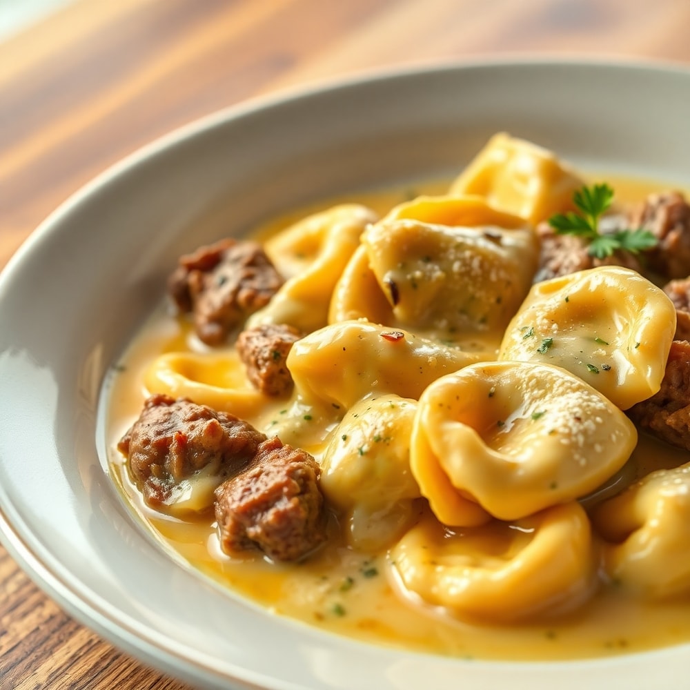 creamy cracked garlic steak tortellini