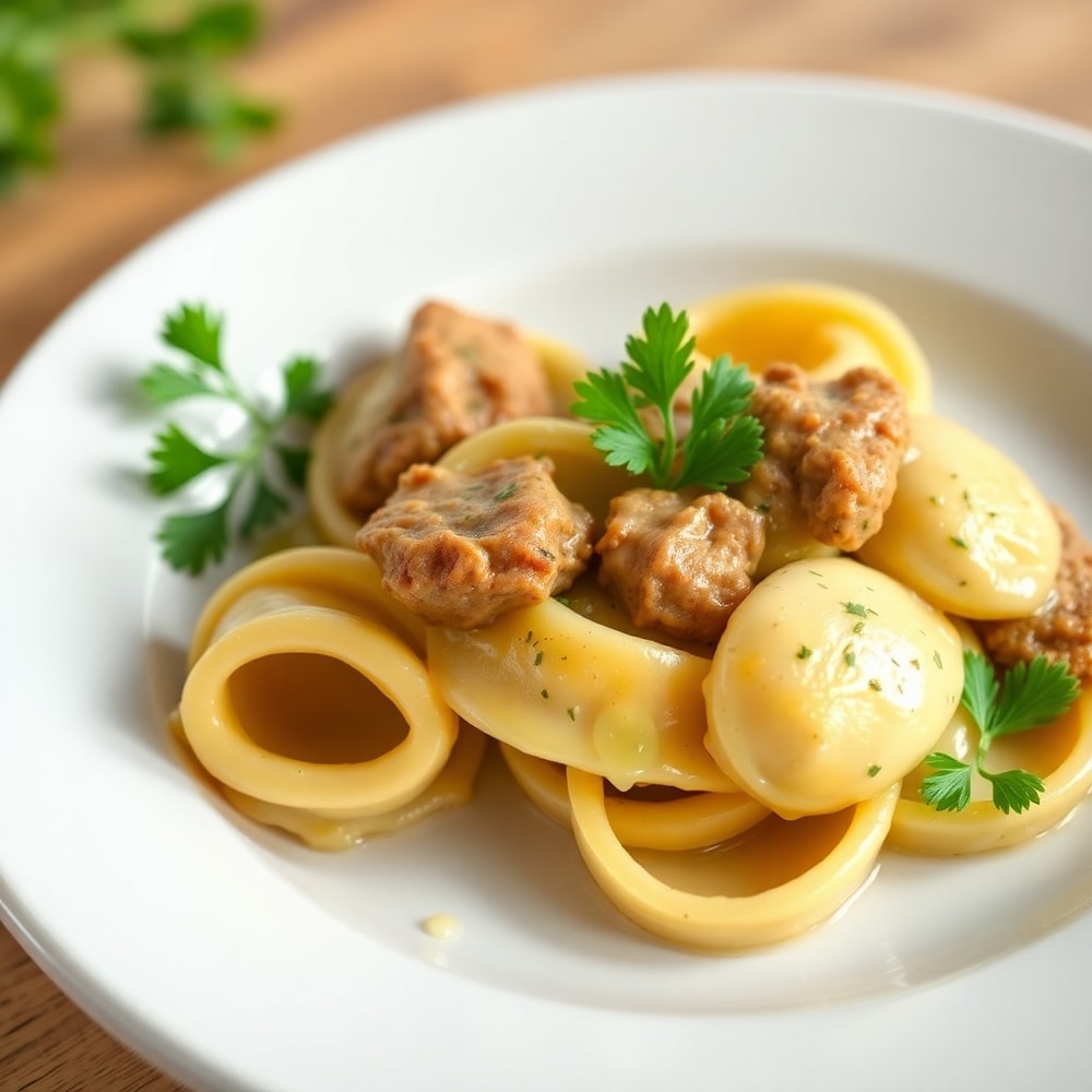 Plated serving of creamy cracked garlic steak tortellini on a white plate, garnished with fresh parsley