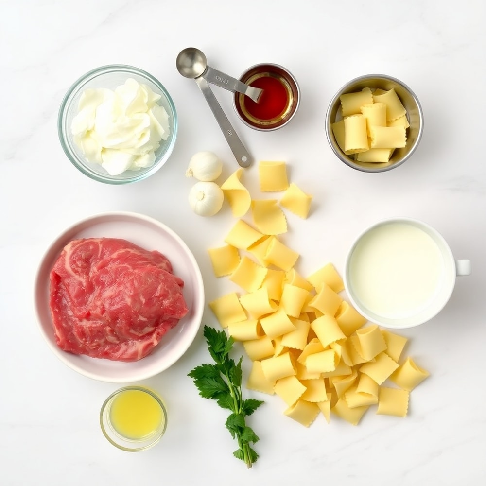 Raw ingredients for creamy cracked garlic steak tortellini, including steak, garlic, tortellini, and heavy cream, arranged on a marble surface
