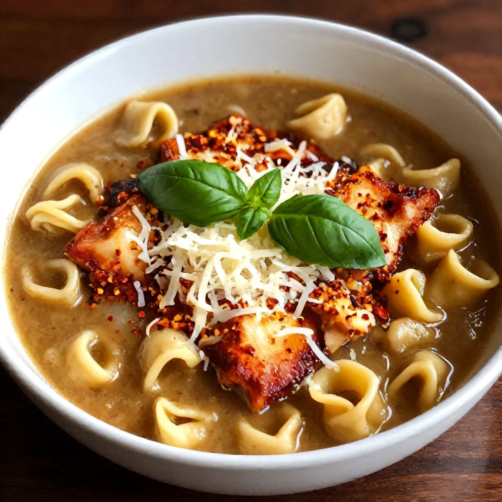 Bowl of Creamy Crock Pot Chicken Parmesan Soup with Tortellini