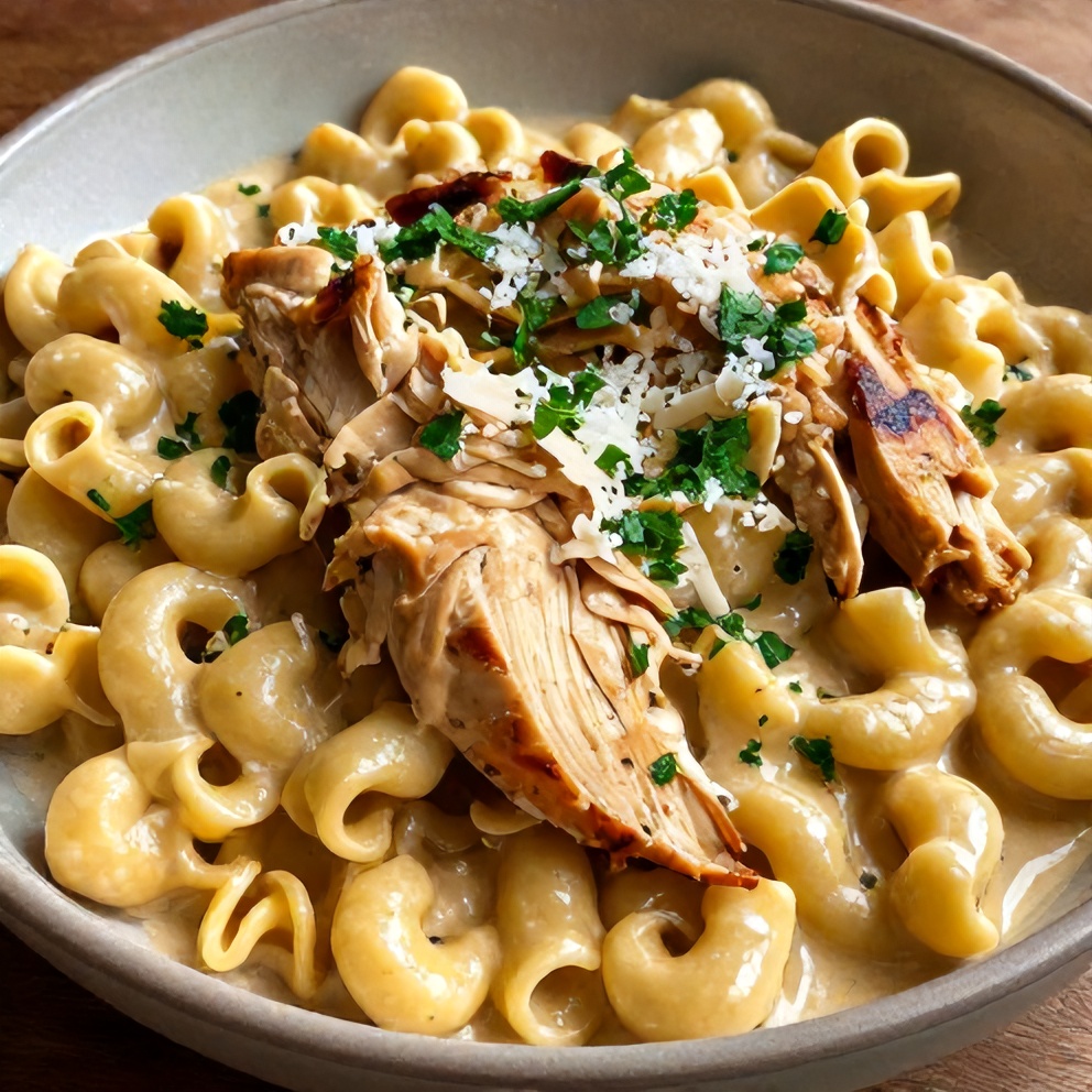 Plated serving of creamy Crockpot Chicken Tortellini with fresh parsley