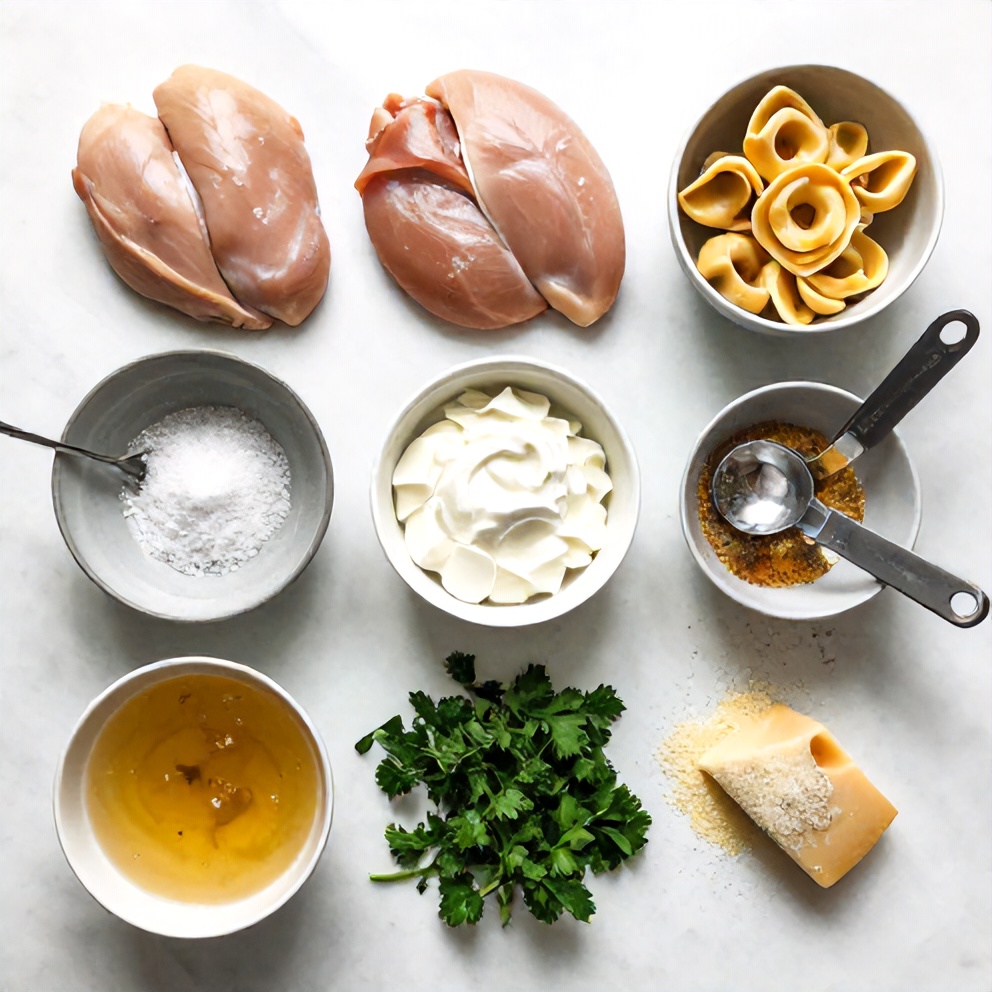 Raw ingredients for Crockpot Chicken Tortellini on a marble surface