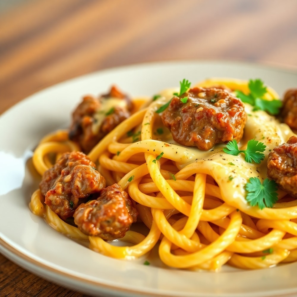 Plated Creamy Garlic Butter Steak Bites with Spicy Cajun Alfredo Twisted Pasta