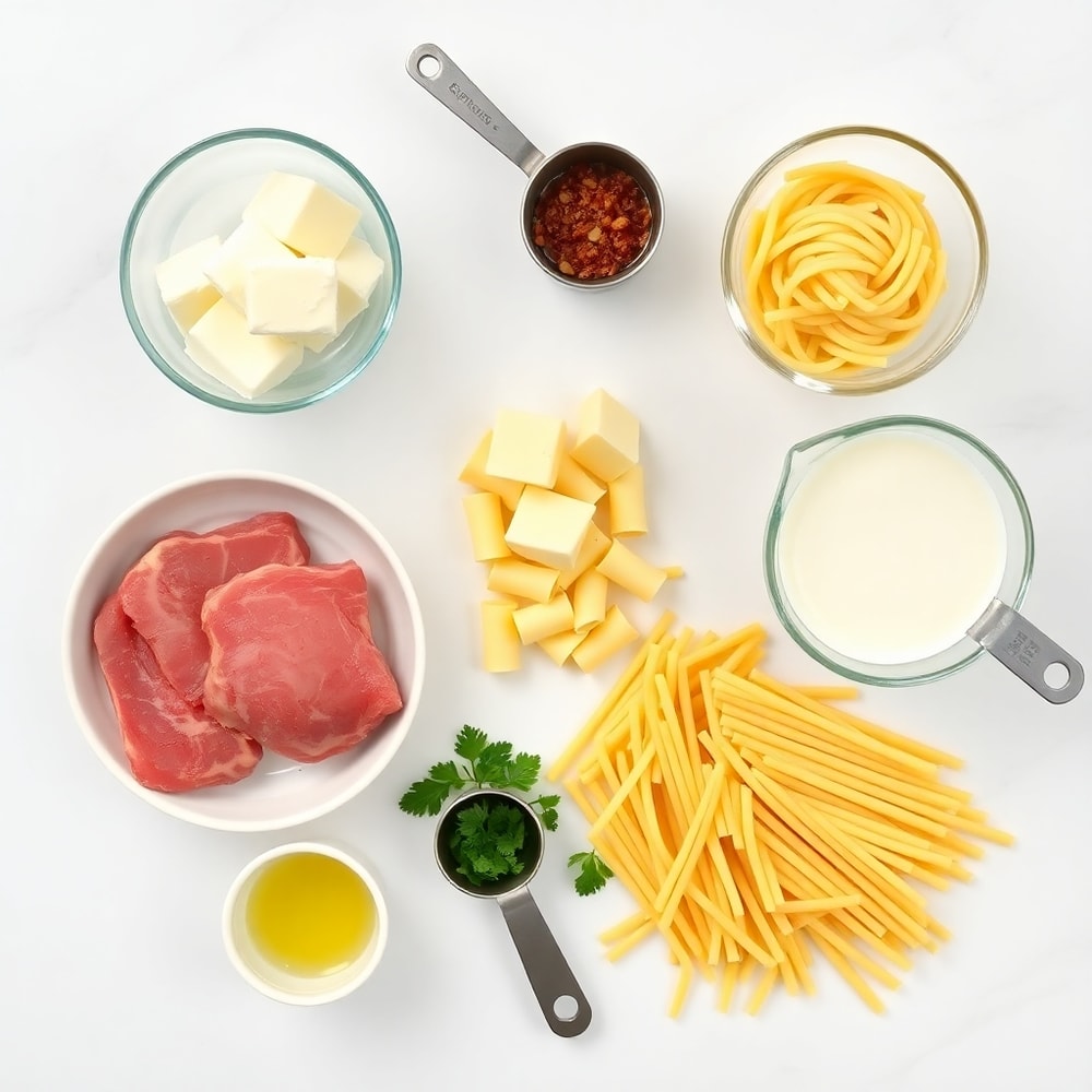 Raw Ingredients for Creamy Garlic Butter Steak Bites with Spicy Cajun Alfredo Twisted Pasta