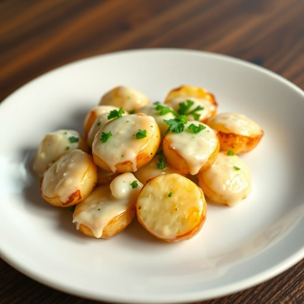 Plated creamy garlic sauce baby potatoes with chopped parsley