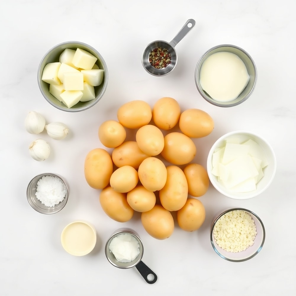 Raw ingredients for creamy garlic sauce baby potatoes on a marble surface