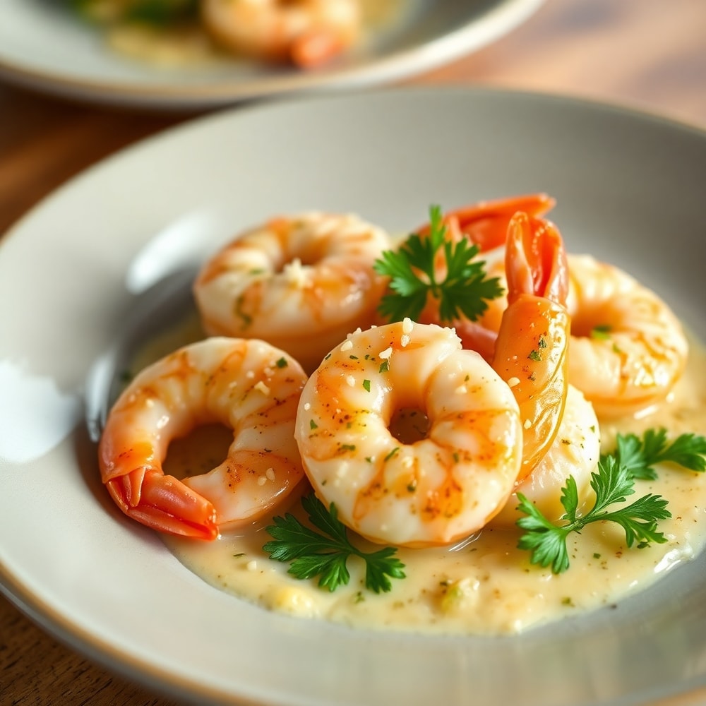 Plated creamy garlic shrimp with parmesan and parsley garnish, close crop, warm side lighting