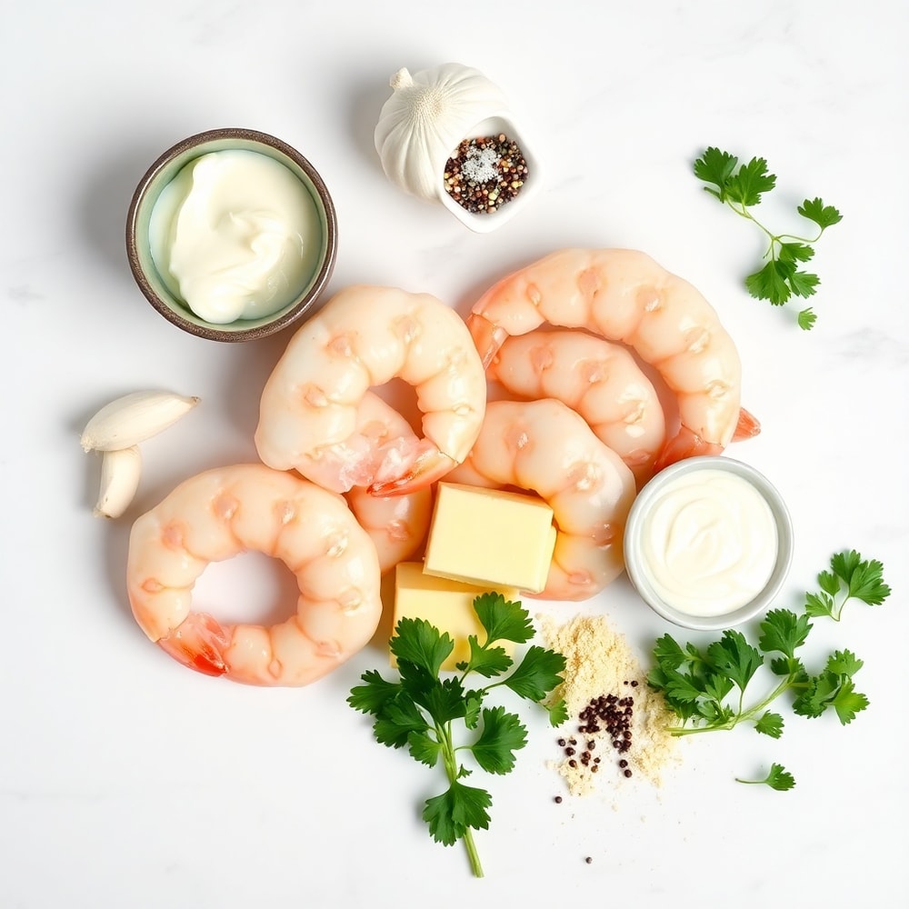 Raw ingredients for creamy garlic shrimp: shrimp, garlic, butter, heavy cream, parmesan, parsley, salt, pepper, on a white marble surface, bright even light