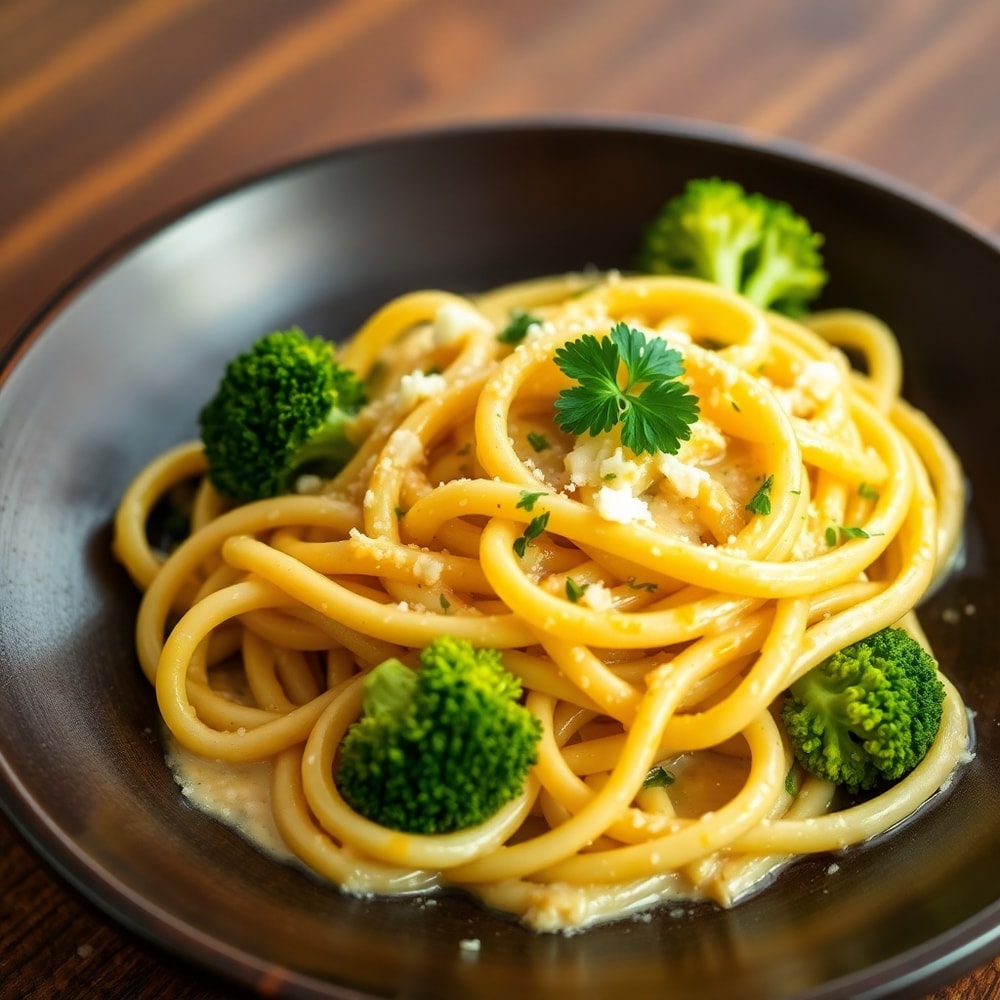 Plated Creamy Mafaldine Pasta Limone with Broccoli