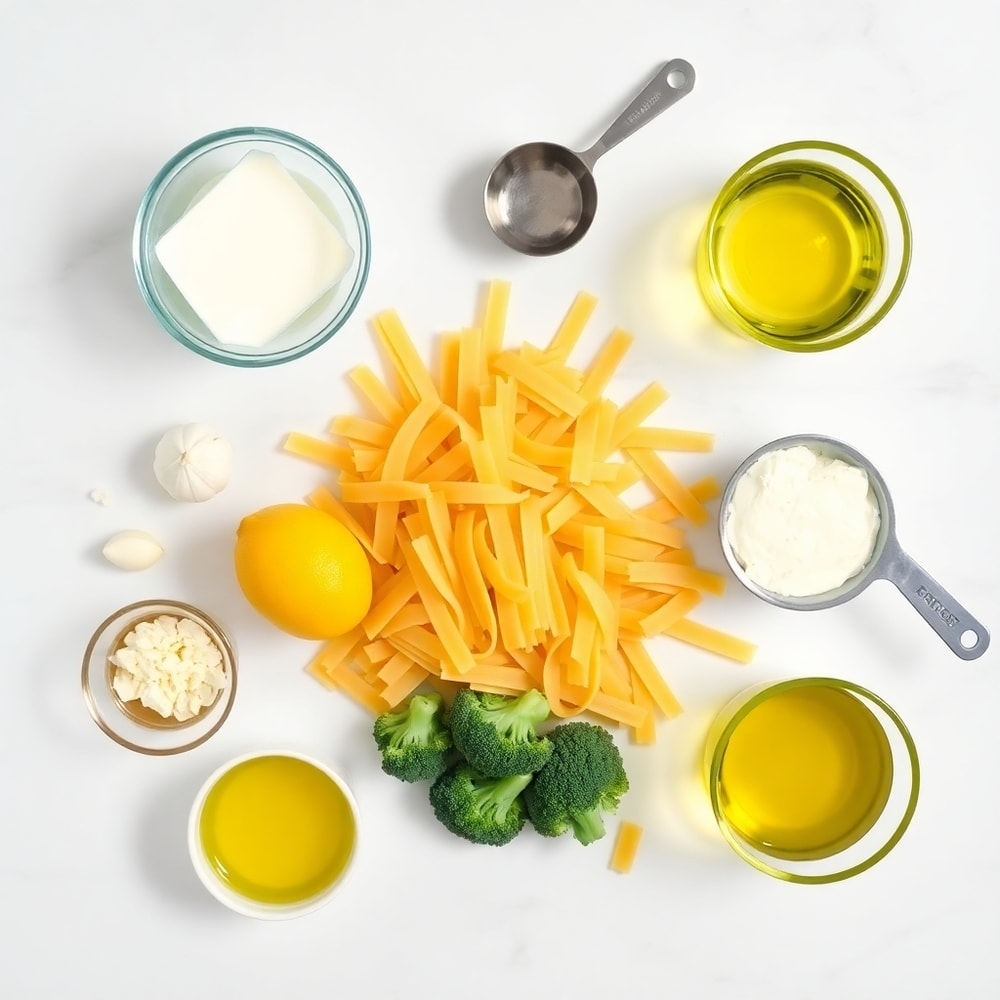 Raw ingredients for Creamy Mafaldine Pasta Limone with Broccoli