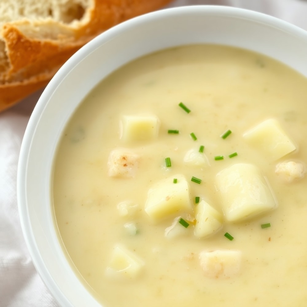Bowl of creamy potato soup with a side of crusty bread