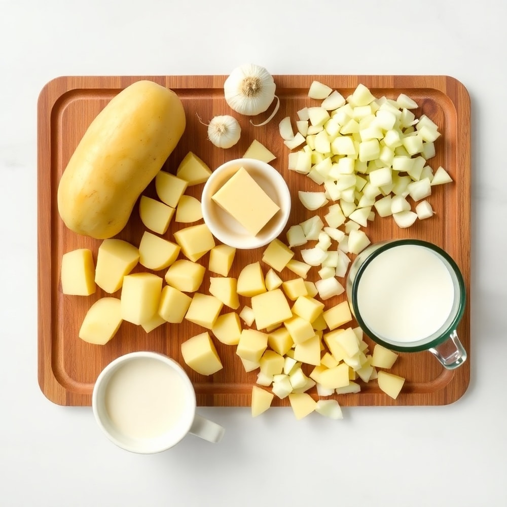 Potatoes, onions, garlic, butter, and milk arranged on a wooden surface