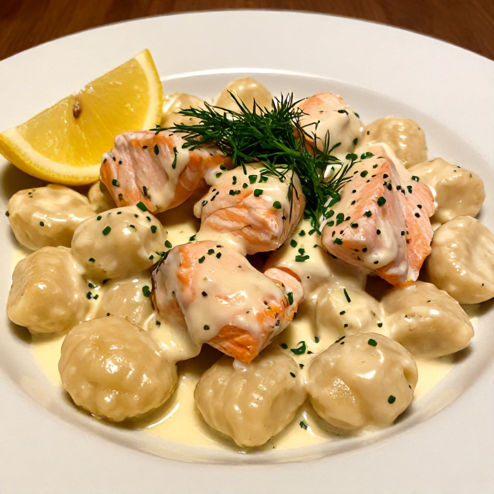 A close-up of creamy smoked salmon gnocchi dinner plated with a lemon wedge