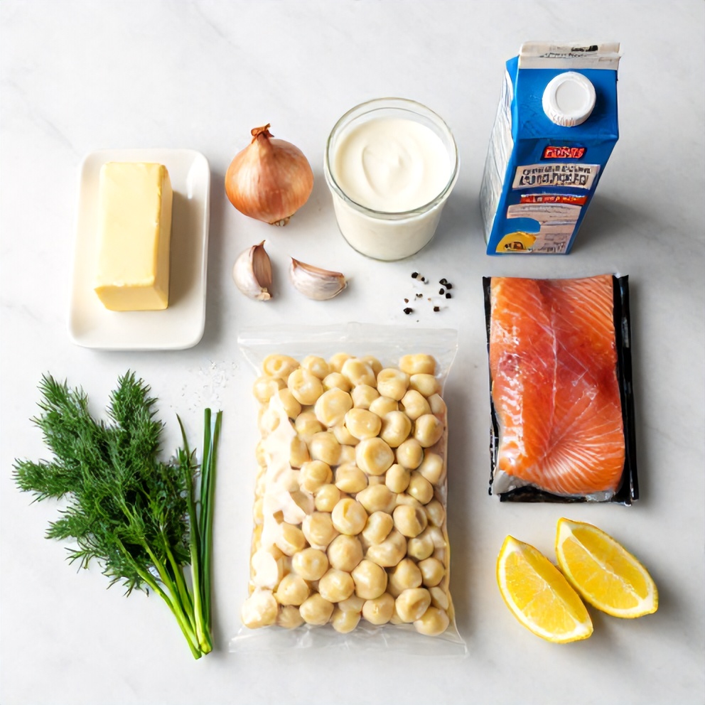Raw ingredients for creamy smoked salmon gnocchi dinner arranged on a marble surface