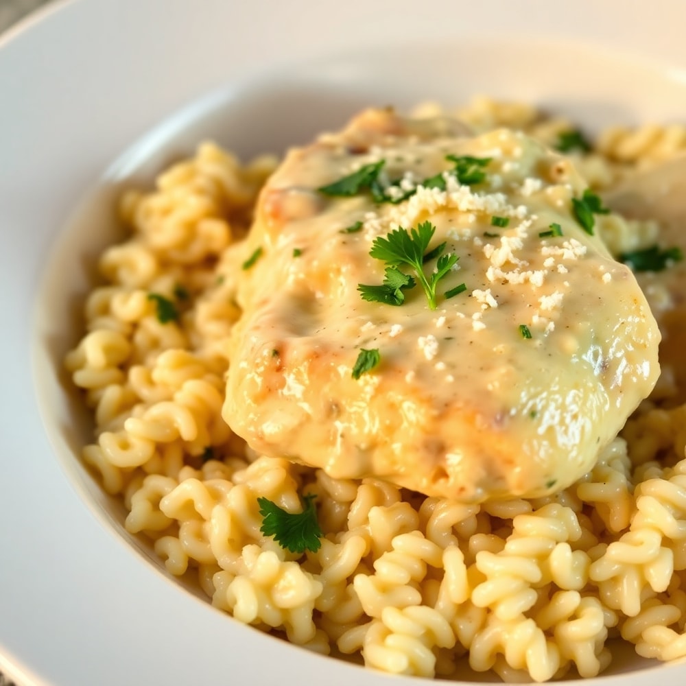 Plated Serving of Creamy Smothered Chicken and Rice