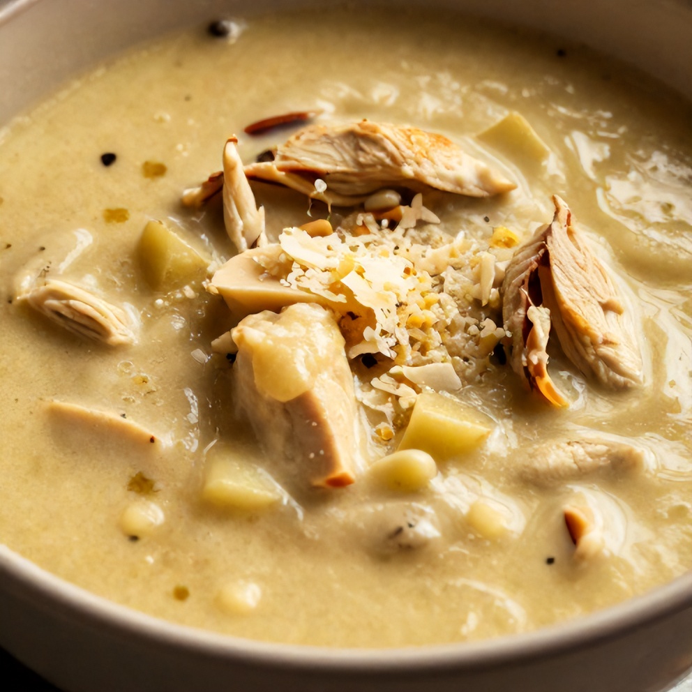 Bowl of Creamy Tuscan Chicken Potato Soup with a sprinkle of parmesan