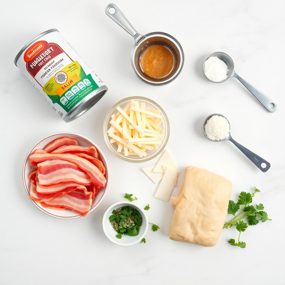 Raw ingredients for 4 ingredient cheese and bacon rolls on a white marble surface