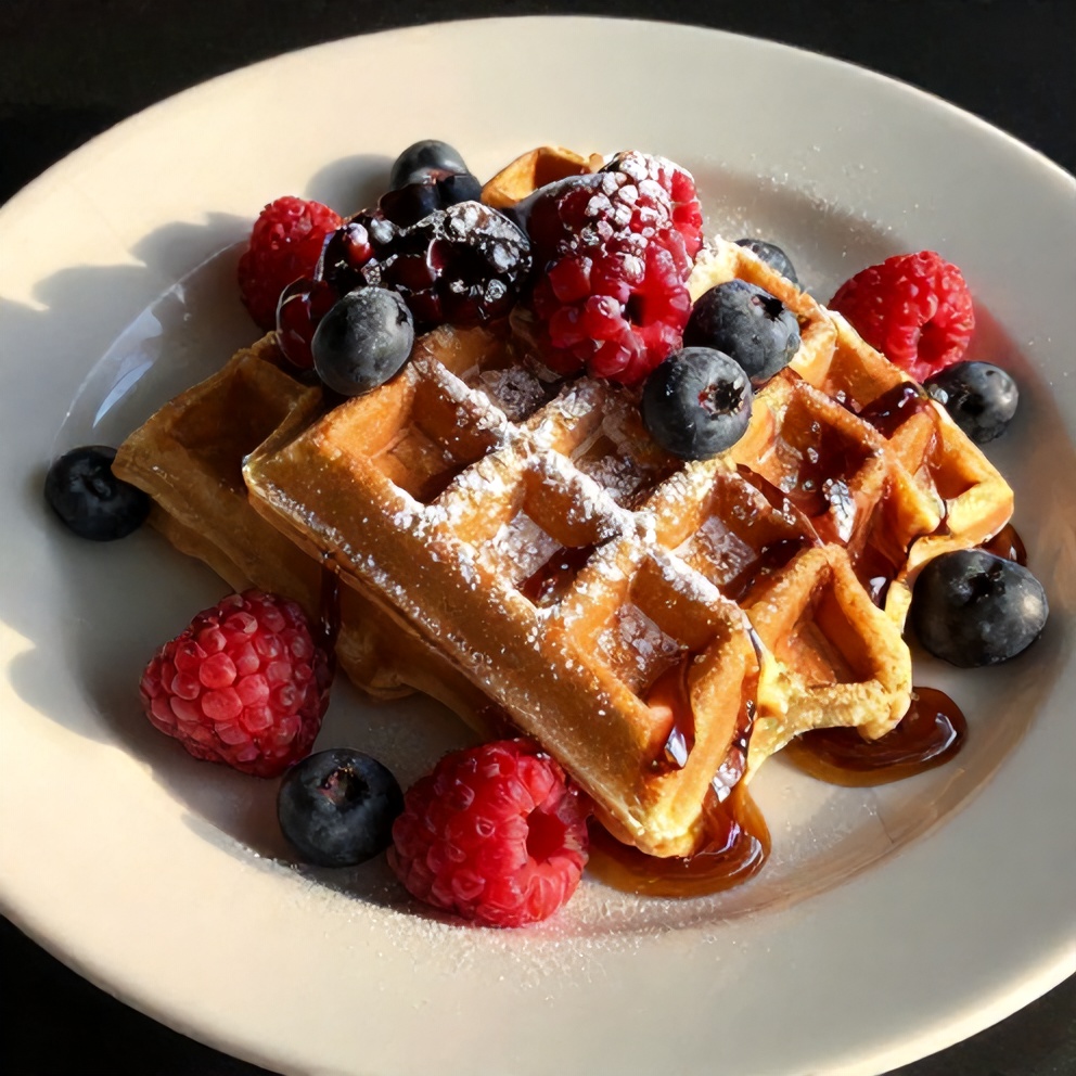 Plated Almond Flour Waffles with fresh berries and a drizzle of sugar-free syrup