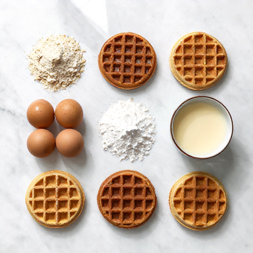 Almond flour, eggs, baking powder, and other ingredients for Almond Flour Waffles arranged on a marble surface