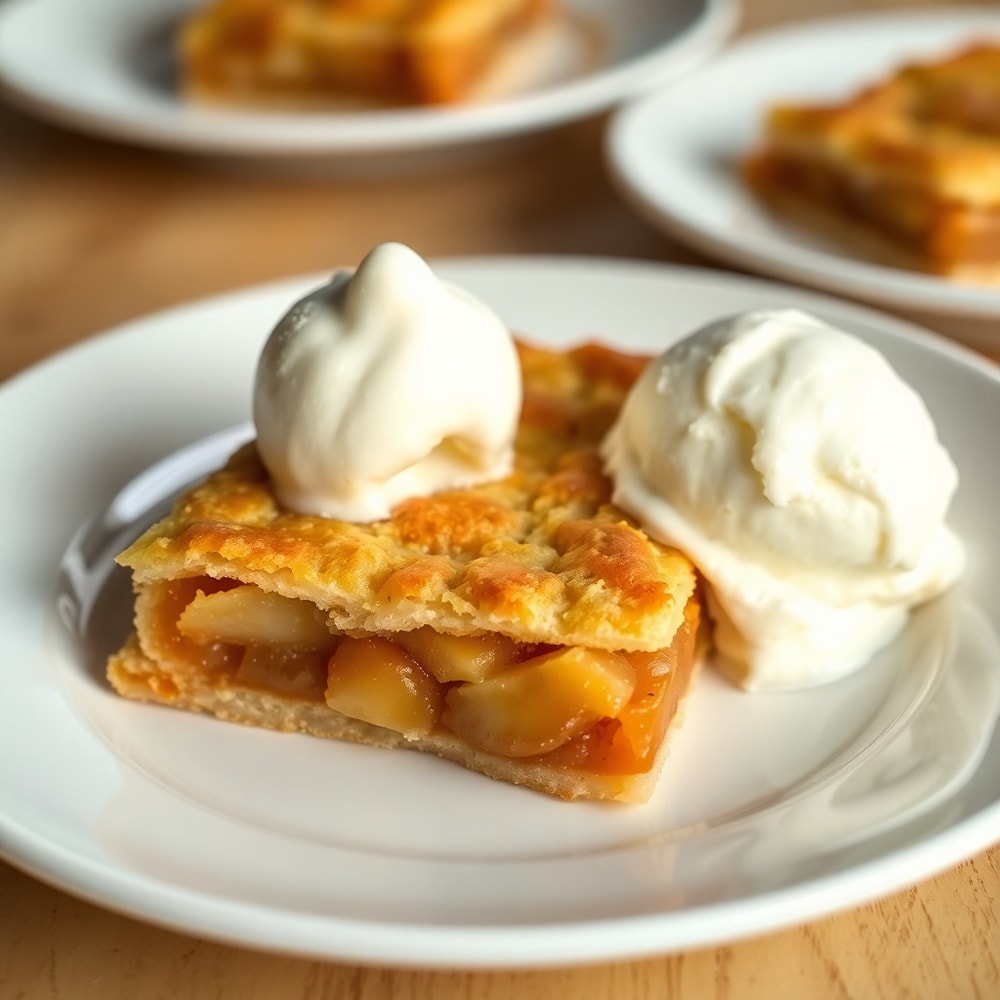 Apple Pie Bars plated on a white dish with a scoop of vanilla ice cream