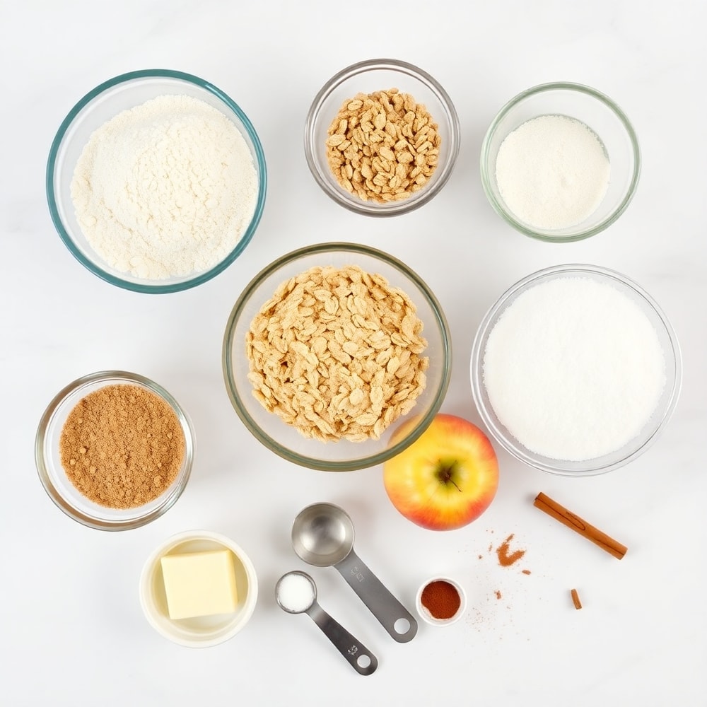 Raw ingredients for Apple Pie Bars on a white marble surface