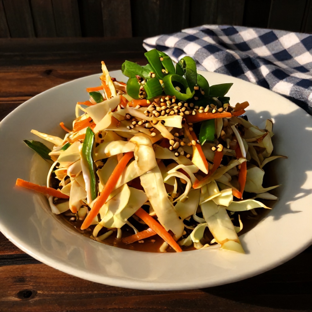 Plated serving of Crispy Asian Slaw with Sesame Ginger Dressing