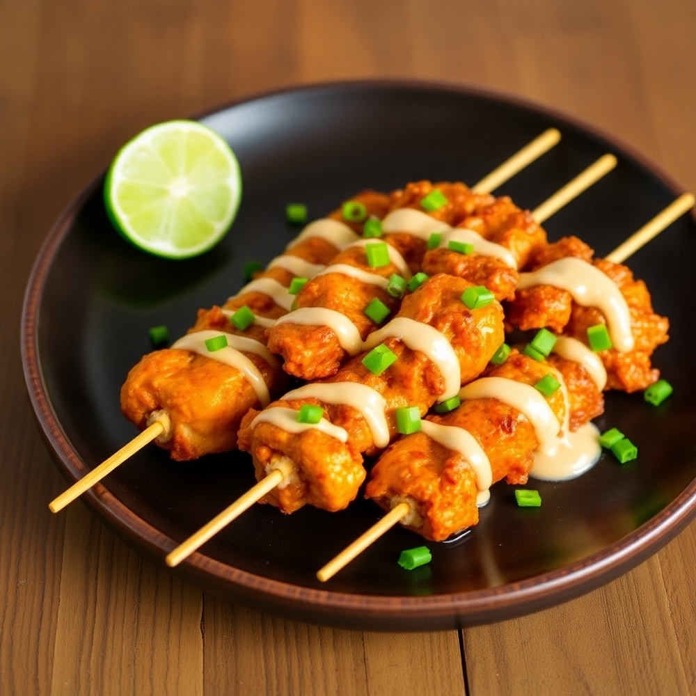 Plated Bang Bang Chicken Skewers with a side of rice