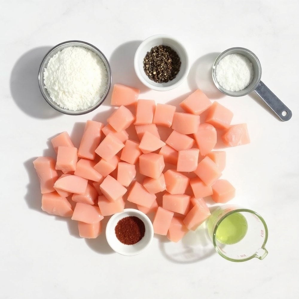 Raw ingredients for Bang Bang Chicken Skewers on a marble surface