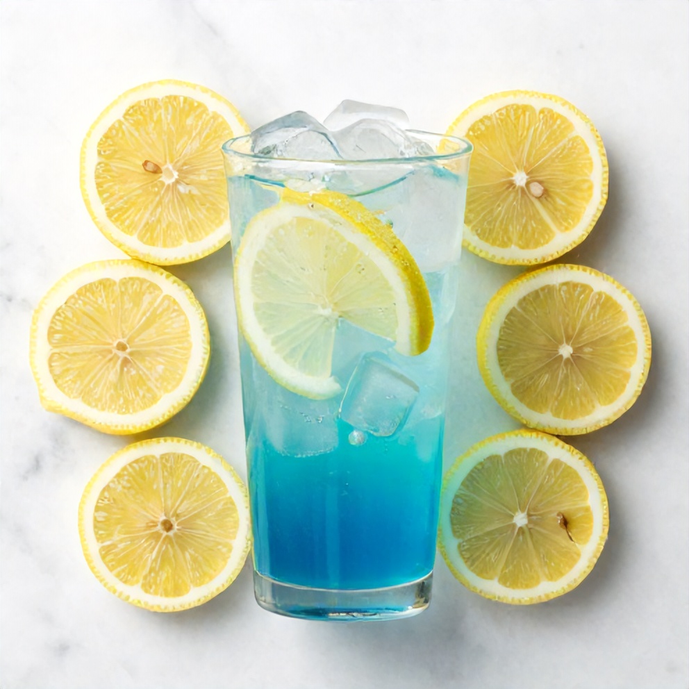 Blue curaçao, lemon-lime soda, ice, lemon slices on a wooden surface
