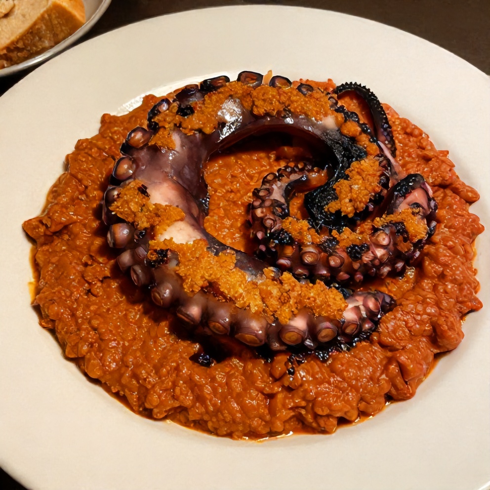 Plated braised octopus with smoky romesco sauce