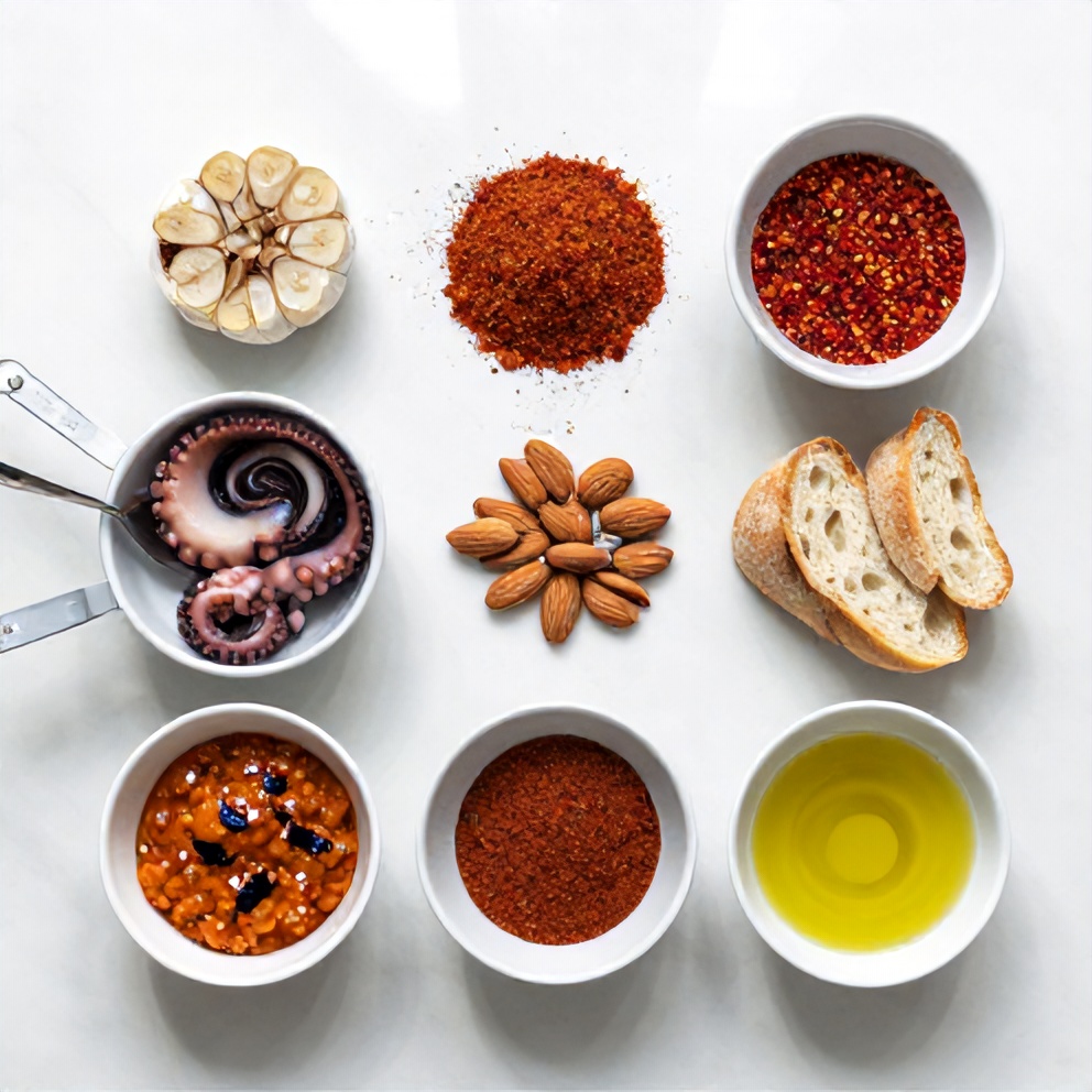 Raw ingredients for braised octopus with smoky romesco sauce