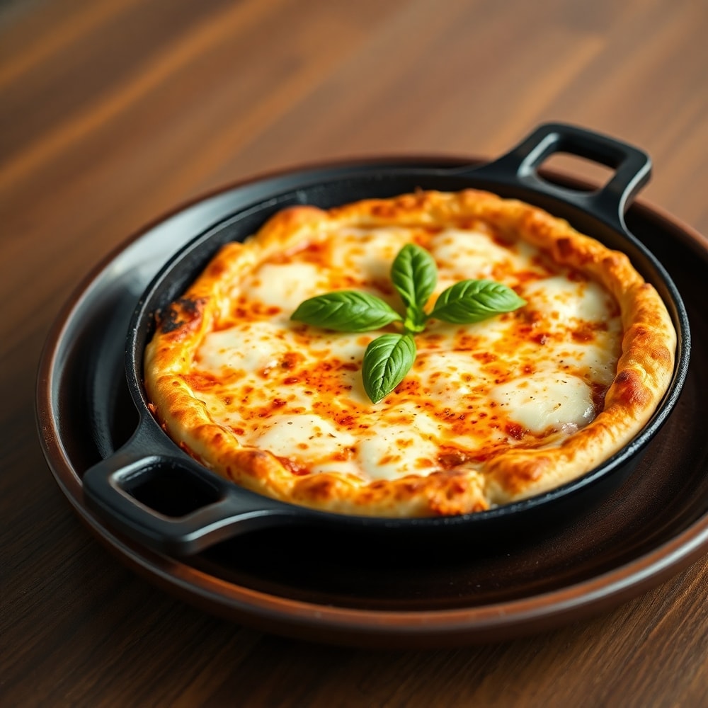 Cast Iron Skillet Pizza plated with a crispy crust and melted cheese