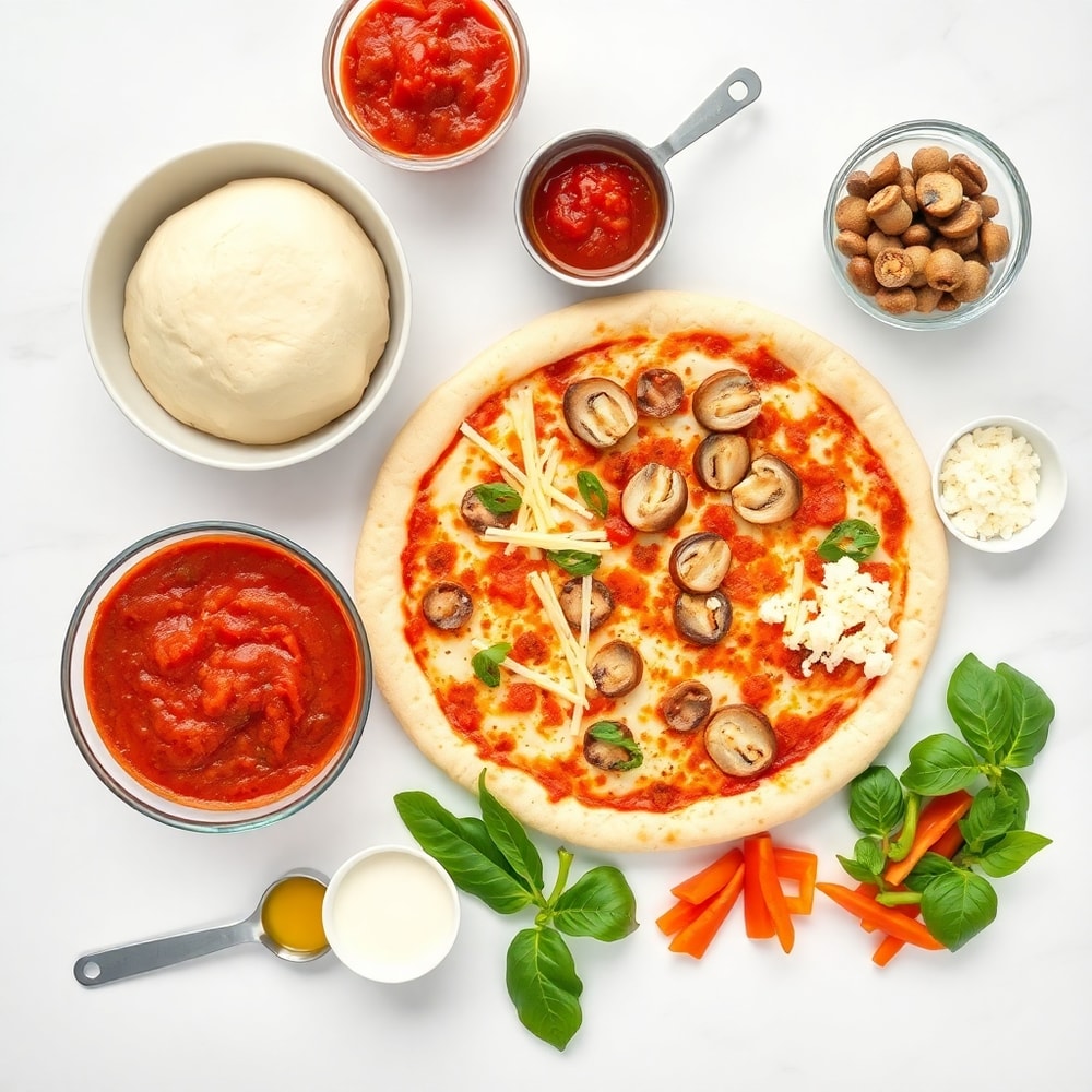 Cast Iron Skillet Pizza ingredients including dough, sauce, cheese, and toppings