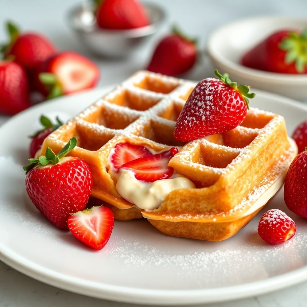 Cheesecake-Filled Strawberry Waffle on a Plate with Fresh Strawberries and Powdered Sugar