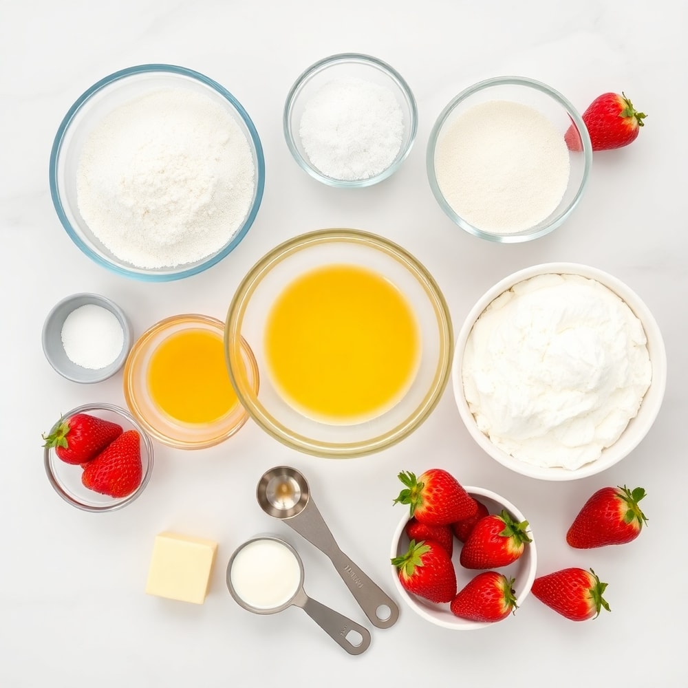 Raw Ingredients for Cheesecake-Filled Strawberry Waffles including Flour, Sugar, Eggs, and Fresh Strawberries