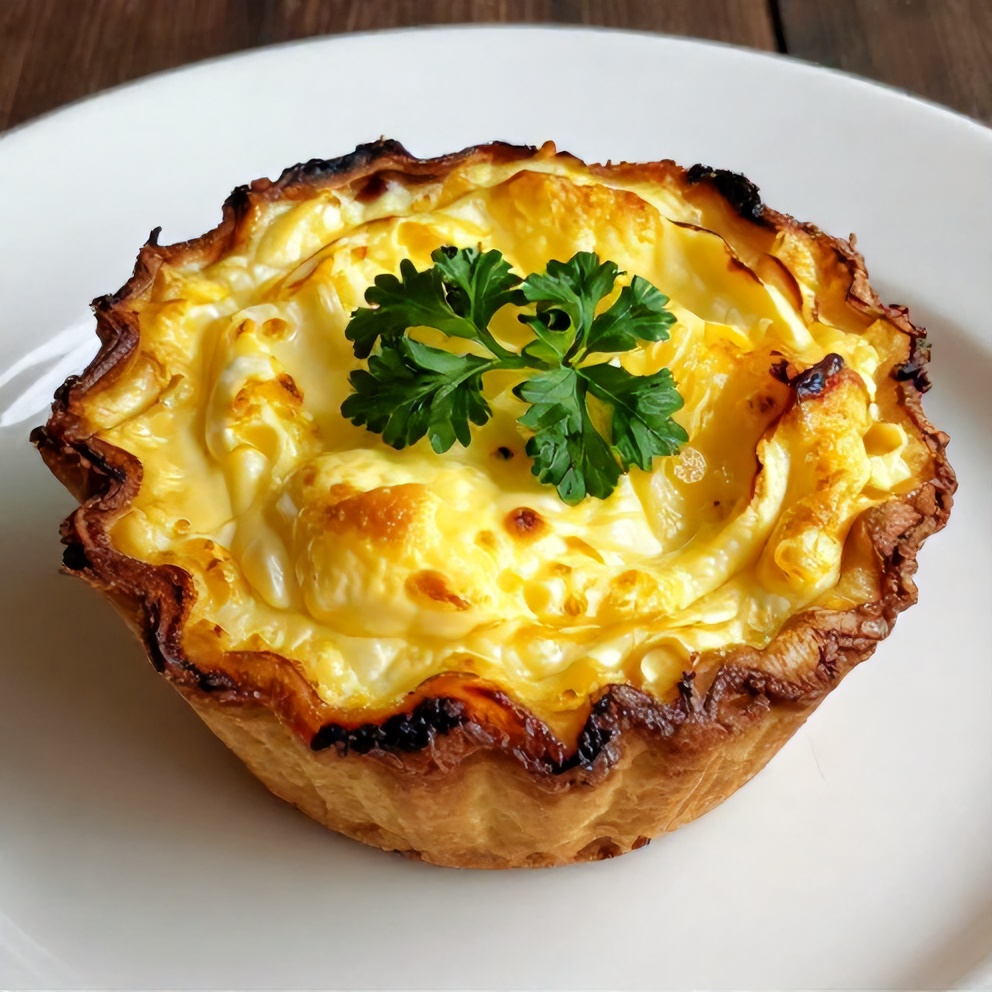 One perfect plated serving of Cheesy Egg Muffins on a white plate, garnished with fresh parsley, showing crispy edges and a soft, creamy interior.