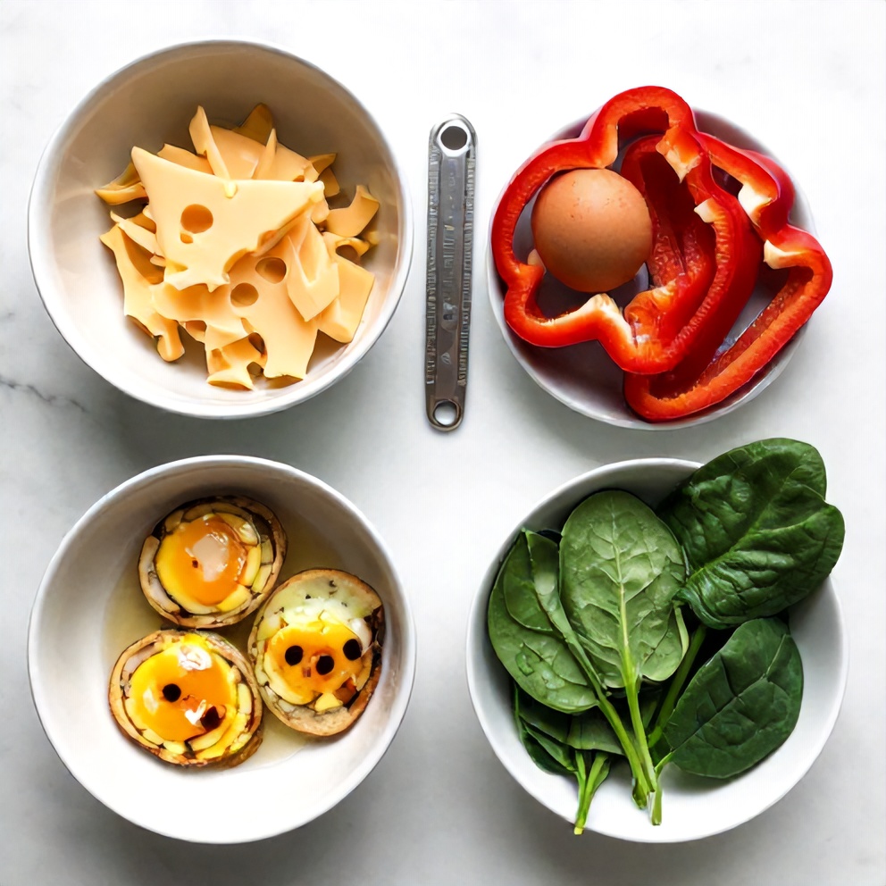 Overhead flat lay of raw ingredients including eggs, cheese, bell peppers, and spinach on a white marble surface.