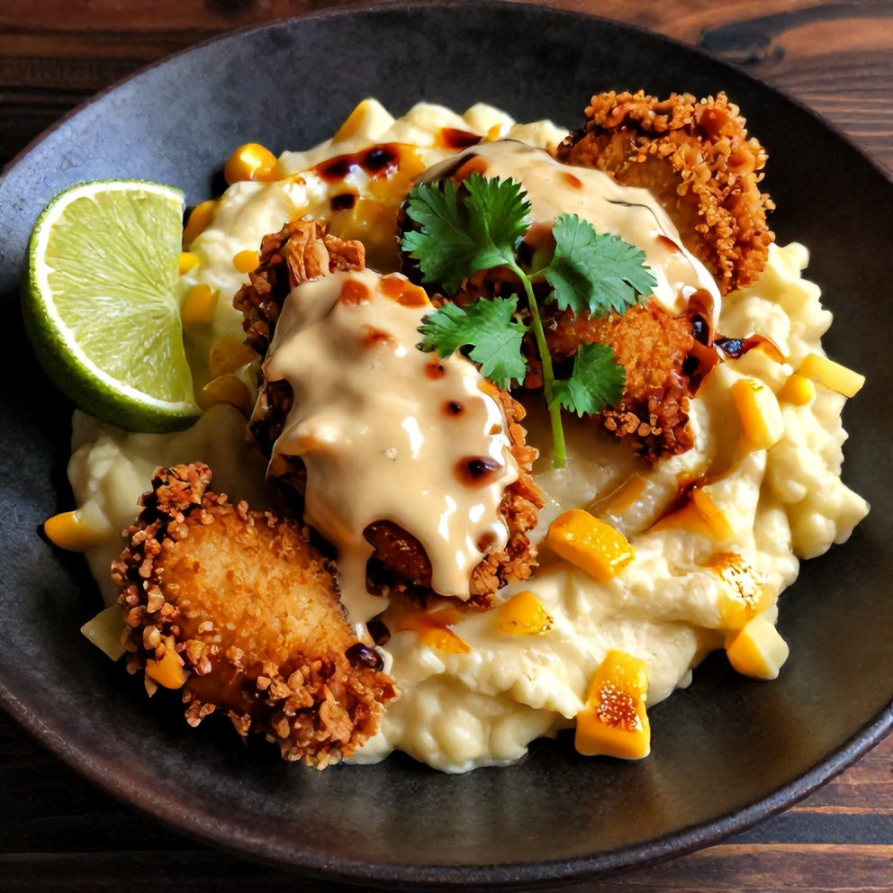 Plated serving of Crispy Chipotle Honey Chicken with Smoked Gouda Mashed Potatoes