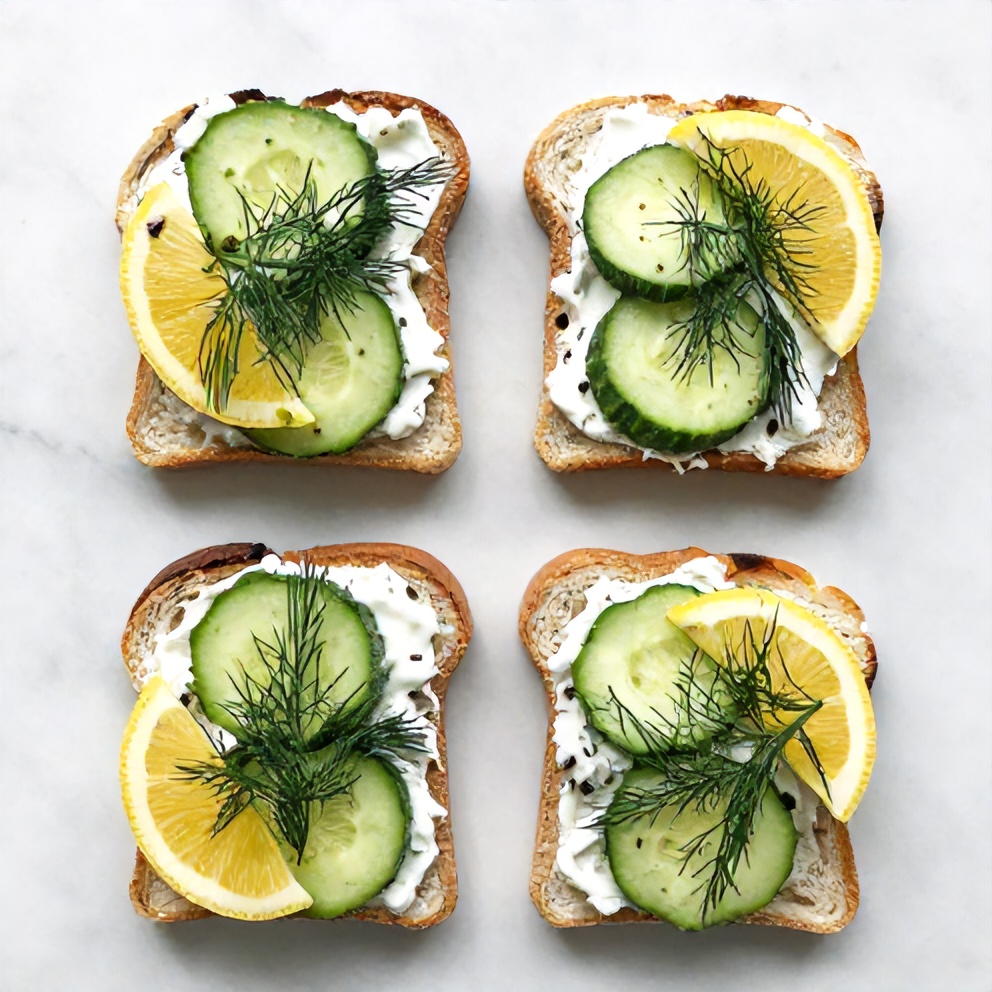Raw ingredients for Crispy Cucumber Sandwiches on a marble counter