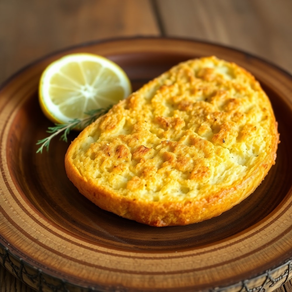 Crispy Dill Pickle Bread served on a rustic plate with a lemon wedge