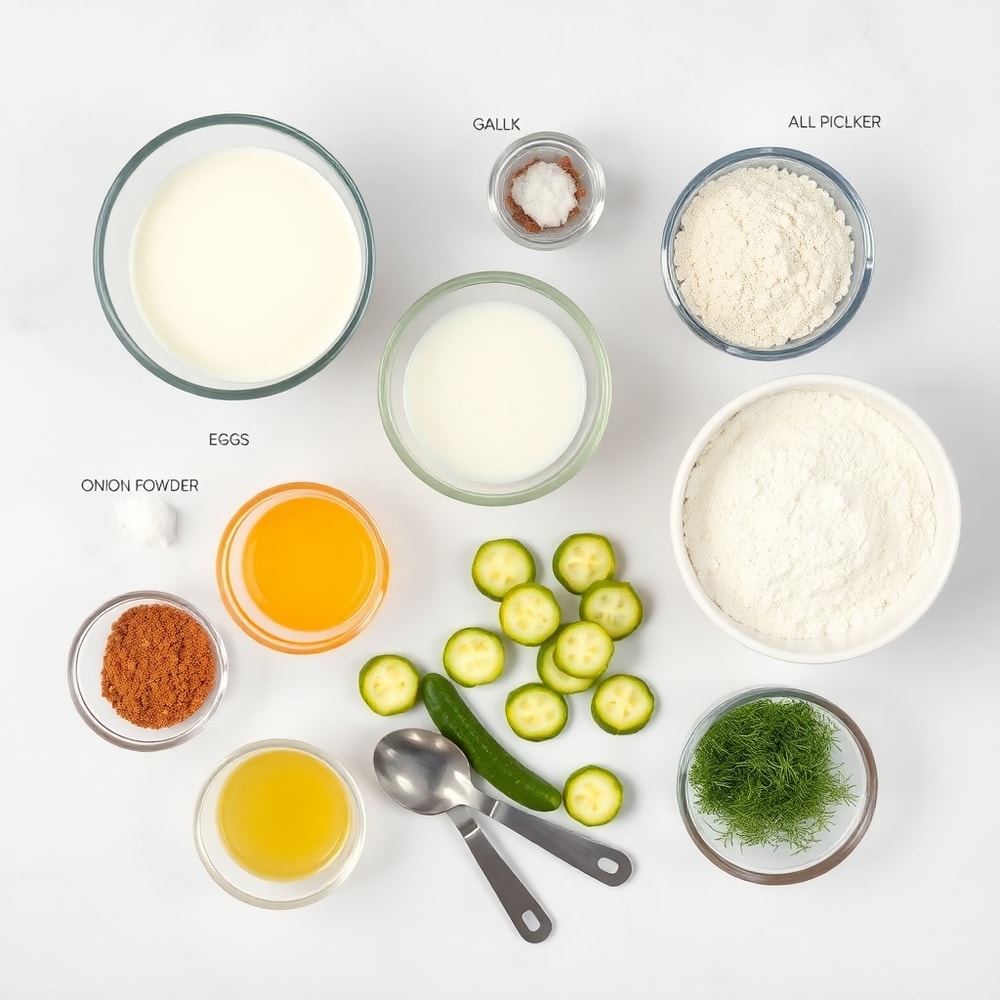 Dill pickle slices, flour, milk, eggs, and spices laid out on a wooden surface