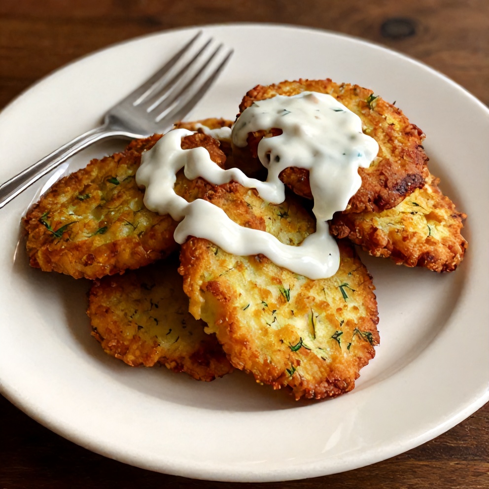 One serving of dill pickle fritters on a plate with a fork