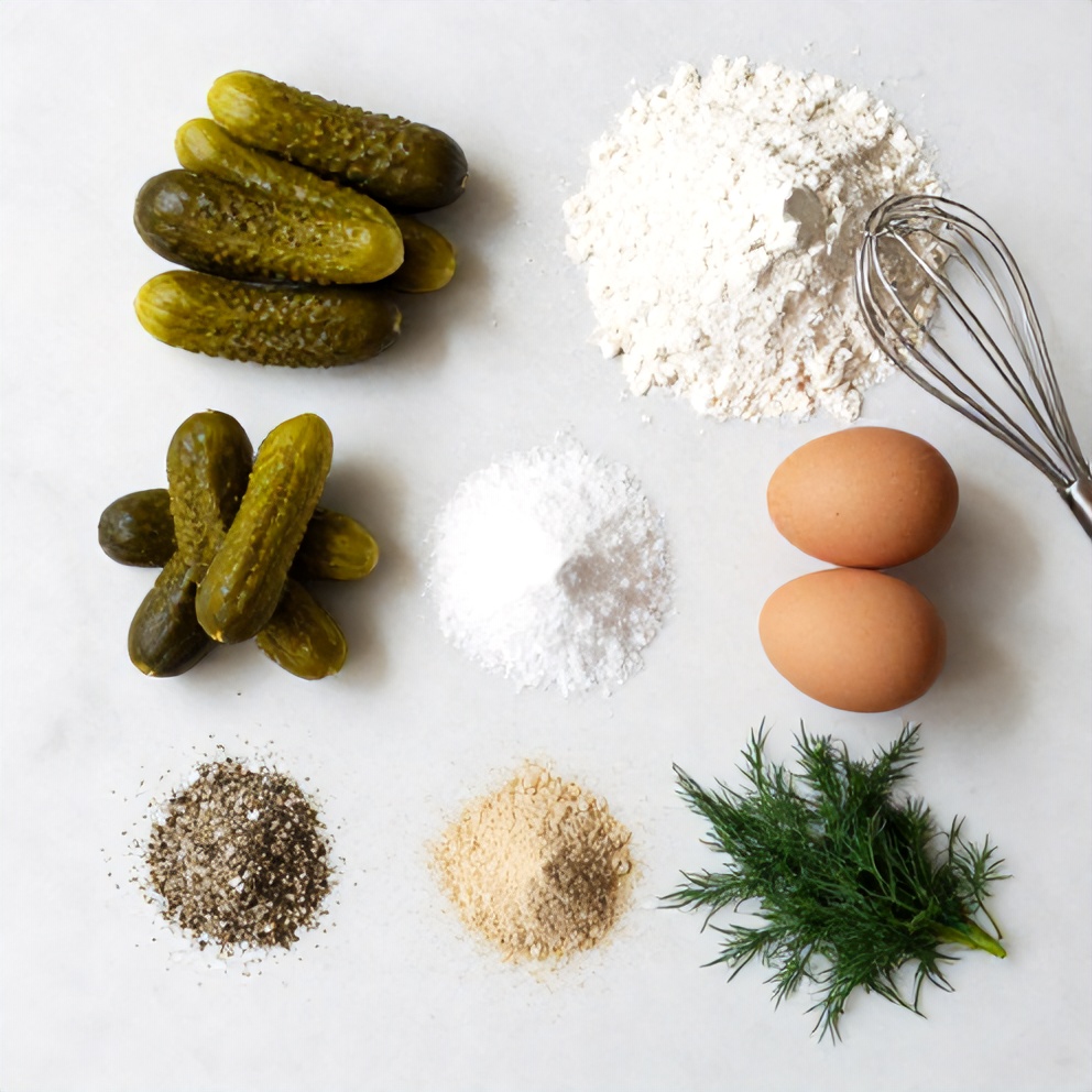 Raw ingredients for dill pickle fritters on a marble surface