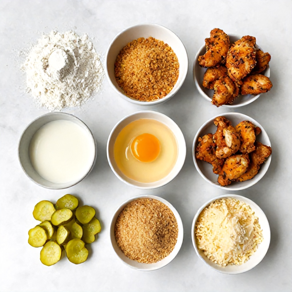Raw ingredients for Crispy Dill Pickle Parmesan Chicken