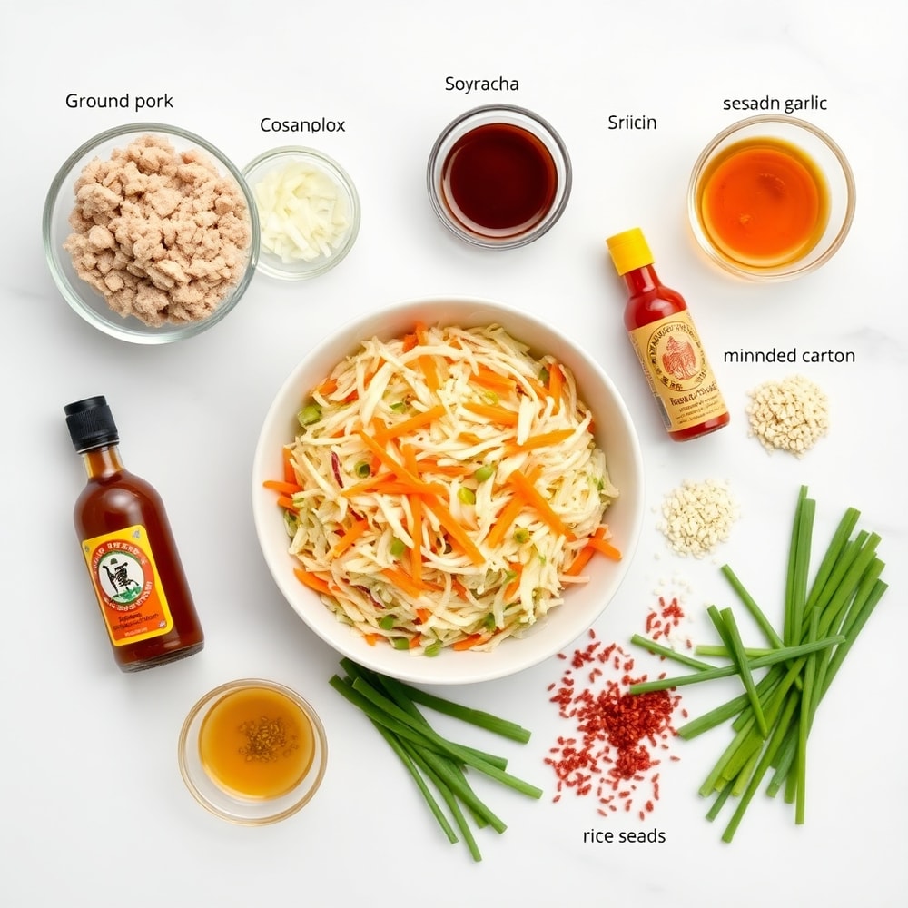 Egg Roll in a Bowl ingredients on a white marble surface