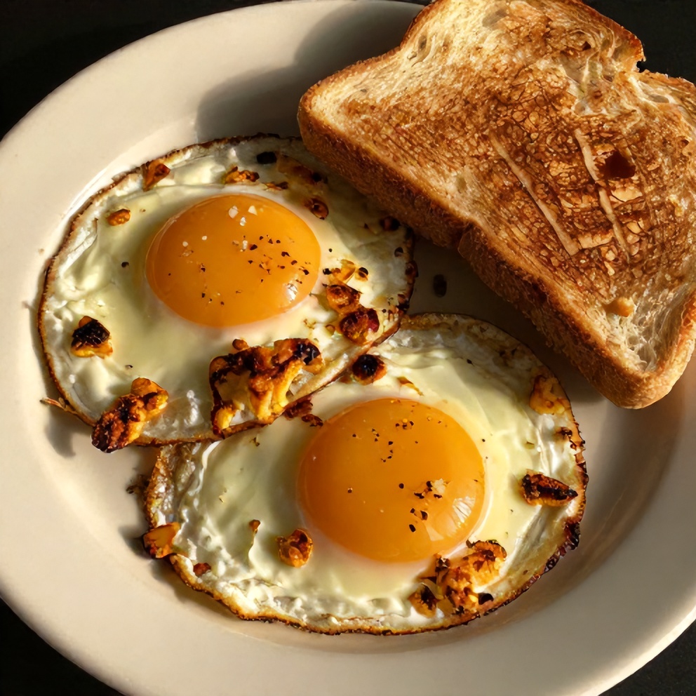 Plated crispy feta fried eggs with a side of toast
