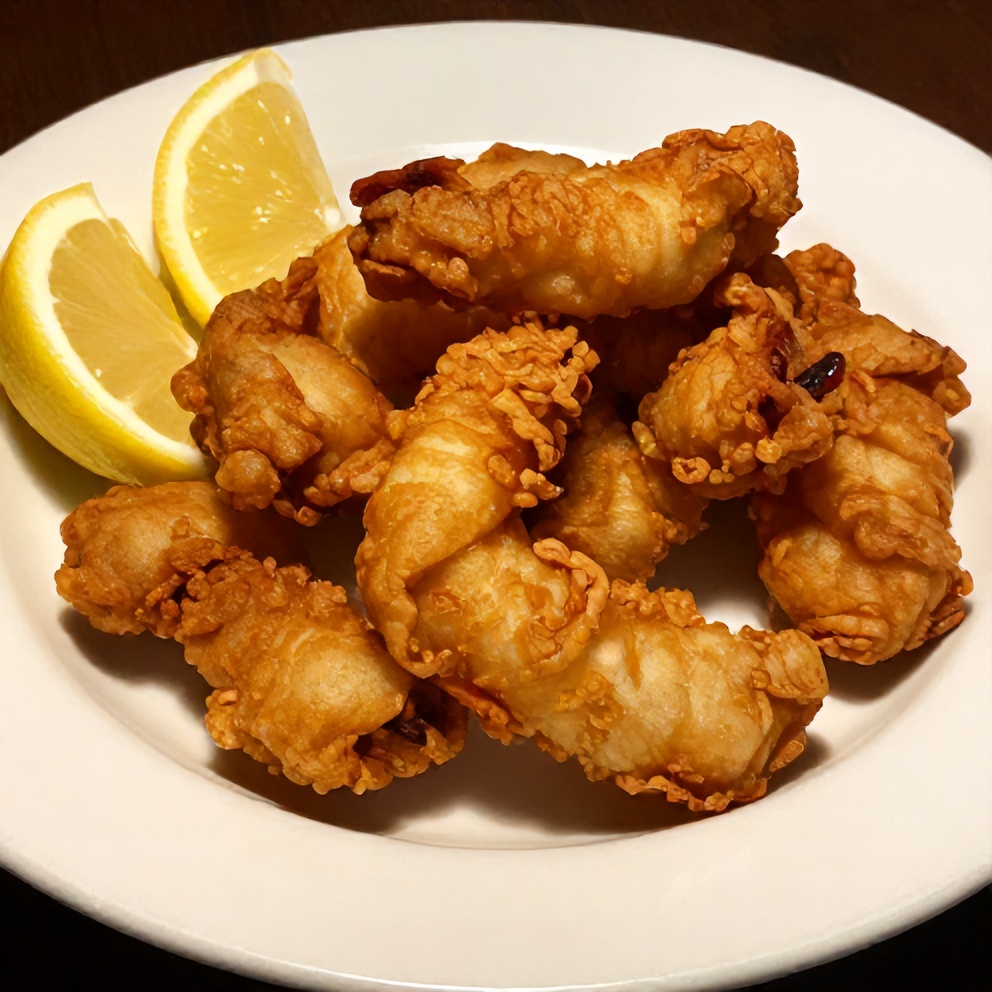 Plated Crispy Fried Calamari with lemon wedges