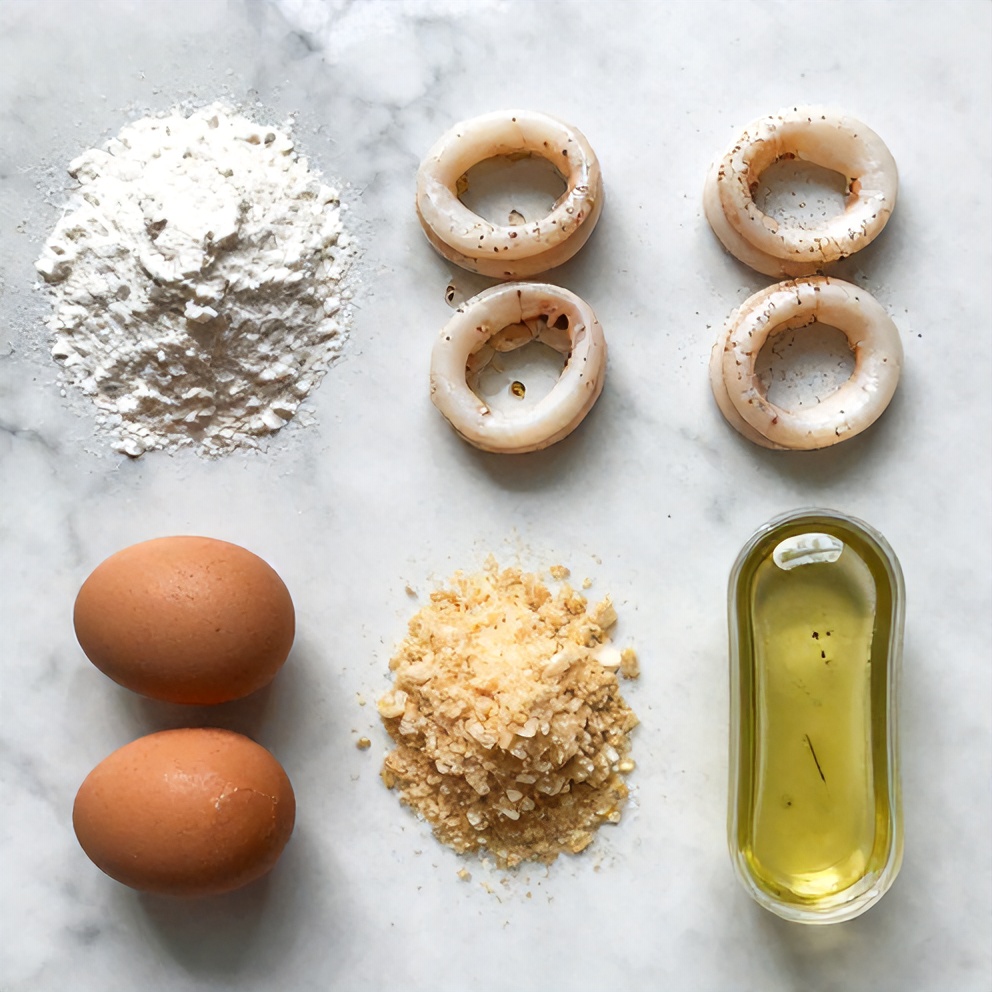 Raw calamari, flour, eggs, breadcrumbs, and seasonings laid out