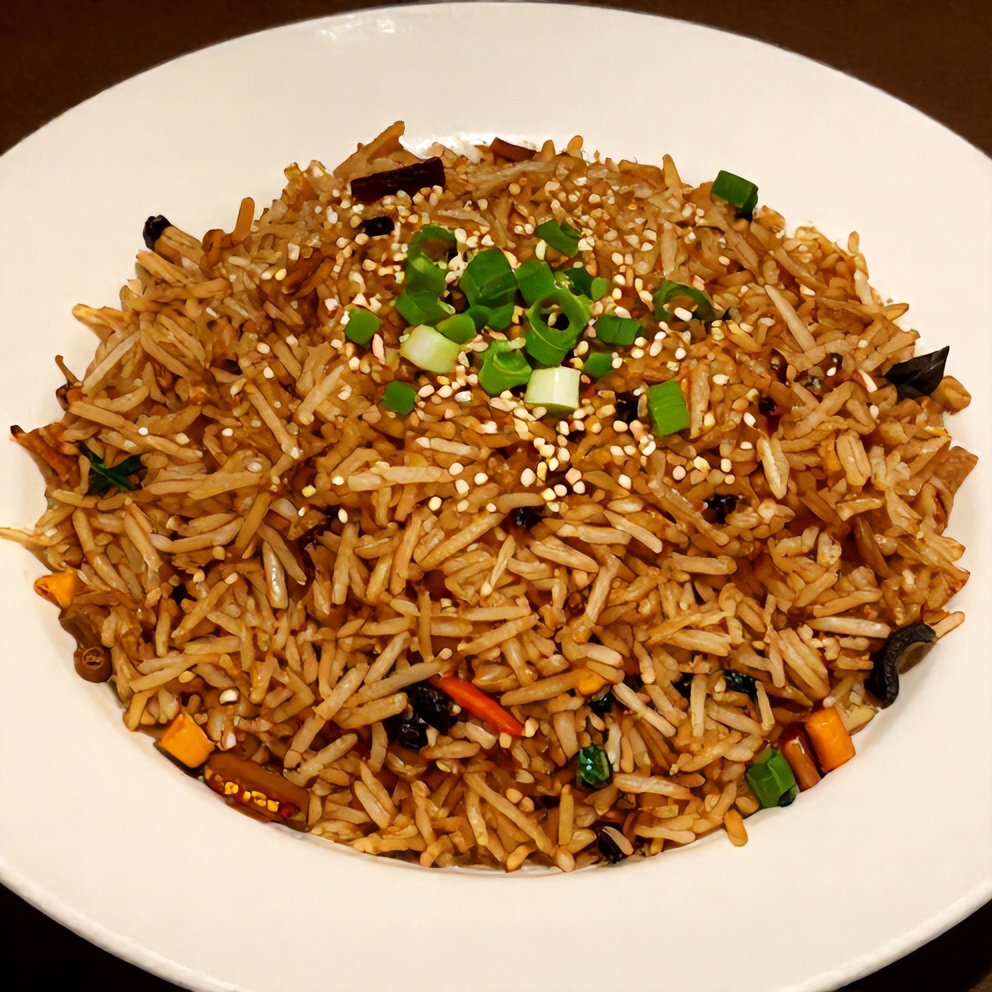 Plated Crispy Fried Rice with green onions and sesame seeds