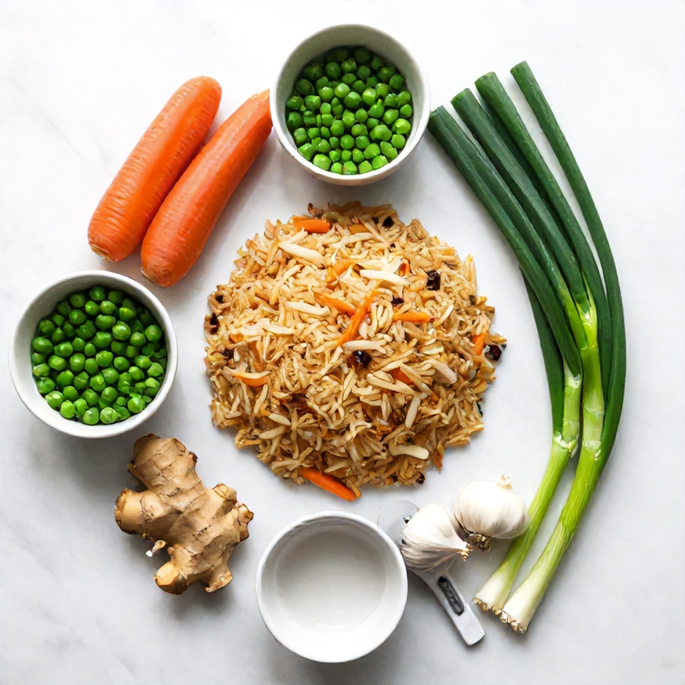 Raw ingredients for Crispy Fried Rice on a white marble surface